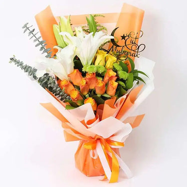 Eid Floral Blessings Bouquet Orange, Orange Roses, Yellow Roses, White Oriental Lilies, Green Button Chrysanthemums